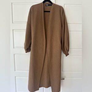 BNWOT ZARA Cinched Sleeve Belted Wool Coat Camel size XS.